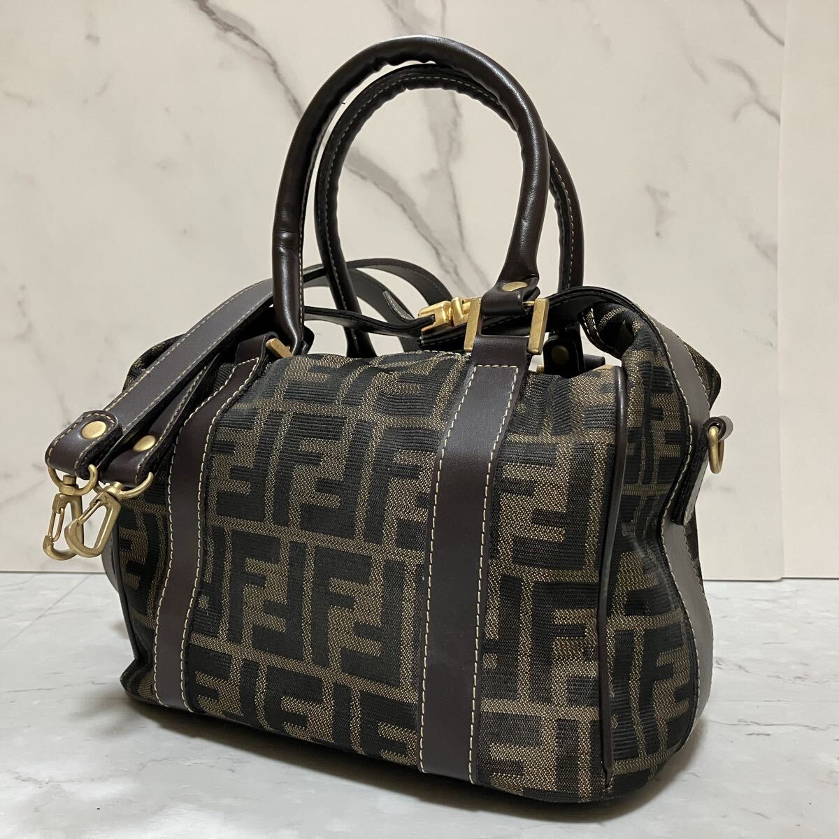 【未使用級】 FENDI フェンディ ズッカ 2way ミニボストン ハンドバッグ ショルダーバッグ キャンバス レザー ゴールド金具 レディース FF拍卖
