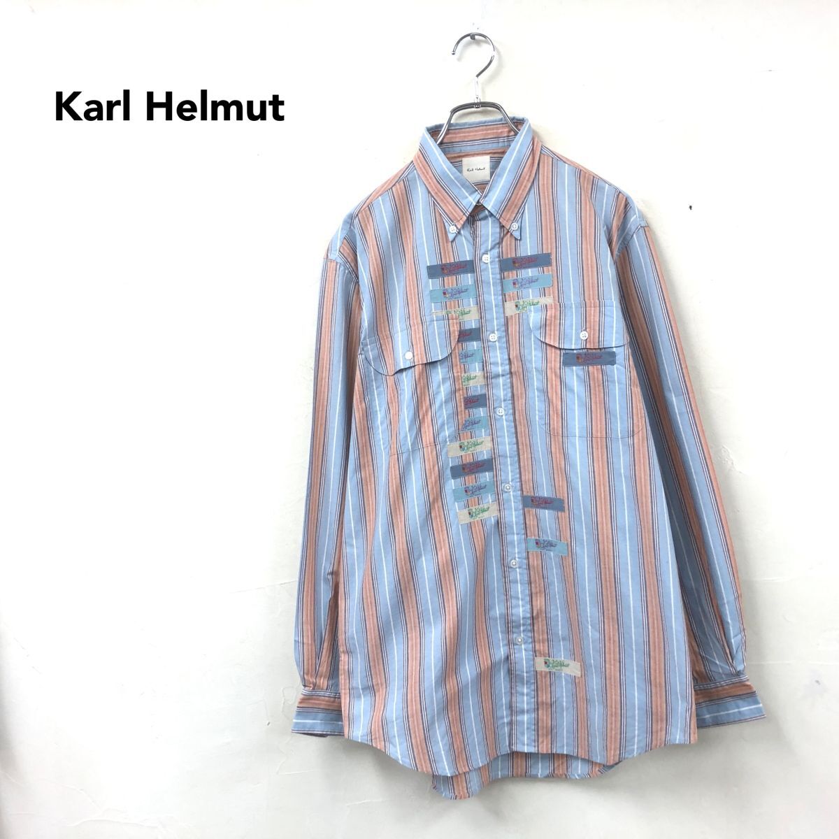 2M2247-D◆ Karl Helmut カールヘルム 長袖シャツ BD ボタンダウン ◆ マルチカラー ストライプ パッチ コットン拍卖