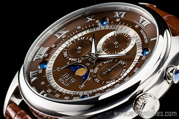 1円 シチズン製ムーブメント上級 ムーンフェイズ ブラウン&シルバー 本革 世界限定300本 ローマ数字 新品 100m防水 タキメーター 腕時計拍卖