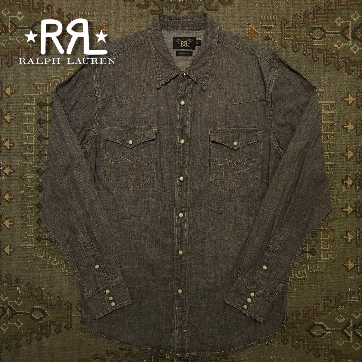 【傑作品】RRL GRAY DENIM WESTERN SHIRT【L】グレー デニム ウエスタン シャツ ダメージ加工 ビンテージ コンチョ 灰色 RALPH LAUREN 激渋拍卖