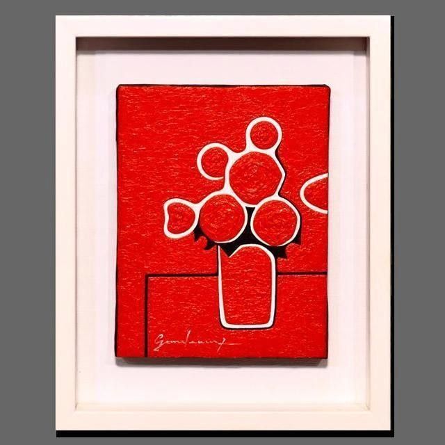 小さい油絵●花F0号赤朱色バラ静物画●がんどうあつし肉筆絵画 明るい耐光色●作者直接山梨発送拍卖