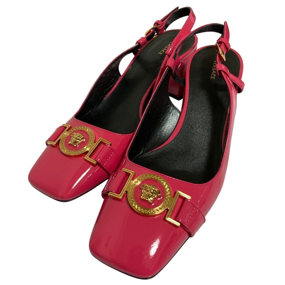 美品 VERSACE ヴェルサーチ メデューサ金具 スクエアトゥ スリングバックパンプス サイズ37 23.5cm相当 ピンク拍卖