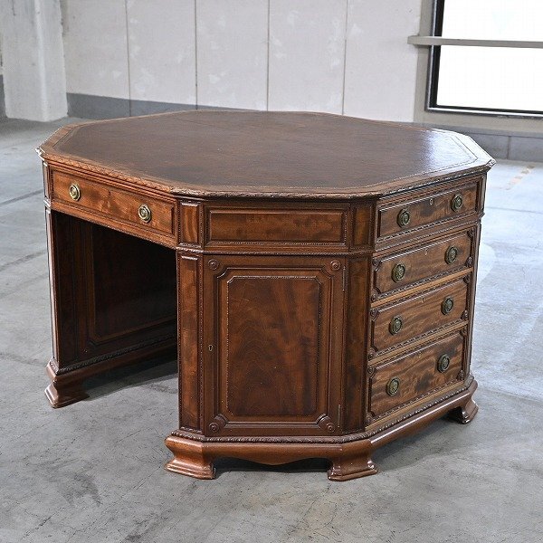 希少 イギリス製 1200万 H.Samuel Octagonal Desk マホガニー材 八角形 オクトゴンデスク レザートップ オージー 英国アンティーク London拍卖