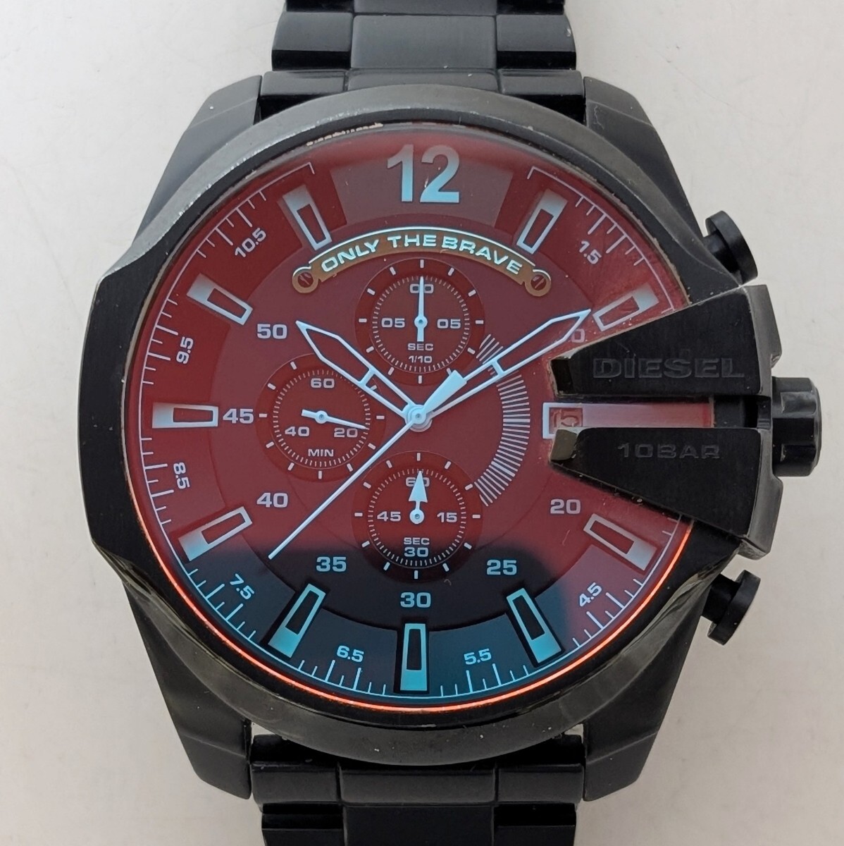 DIESEL DZ-4318 ディーゼル メガチーフ ブラックメタル クロノグラフ 偏光ガラス 黒文字盤 三つ目 デイト メンズ腕時計 電池交換済 稼働品拍卖