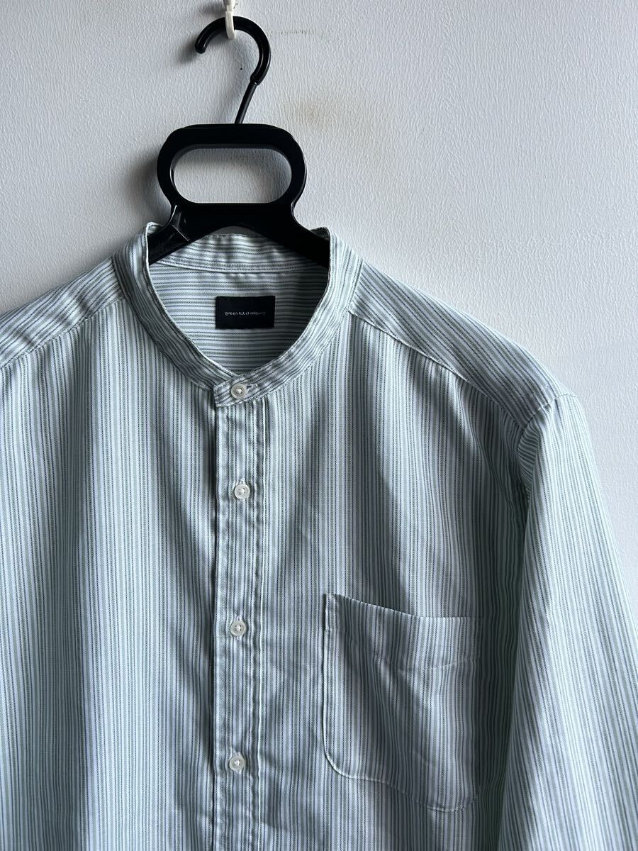 【美品】green label relaxing シャツ メンズ L ストライプ 白×グリーン バンドカラー グリーン レーベル リラクシング 拍卖