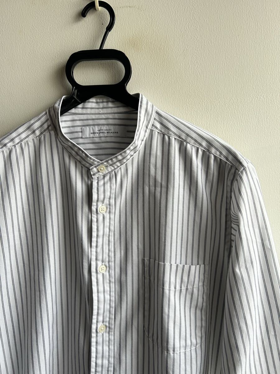 【美品】UNITED ARROWS GREEN LABEL RELAXING シャツ メンズ L ストライプ 白×グレー バンドカラー ユナイテッド アローズ 拍卖