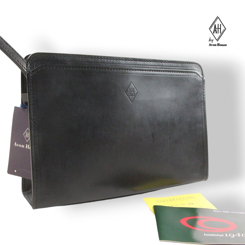 新品タグ付き Avon House エーボンハウス 牛革 ブライドルレザー ストラップ付 セカンドバッグ 黒 28×19×7 cm【参考価格¥44,000-】拍卖