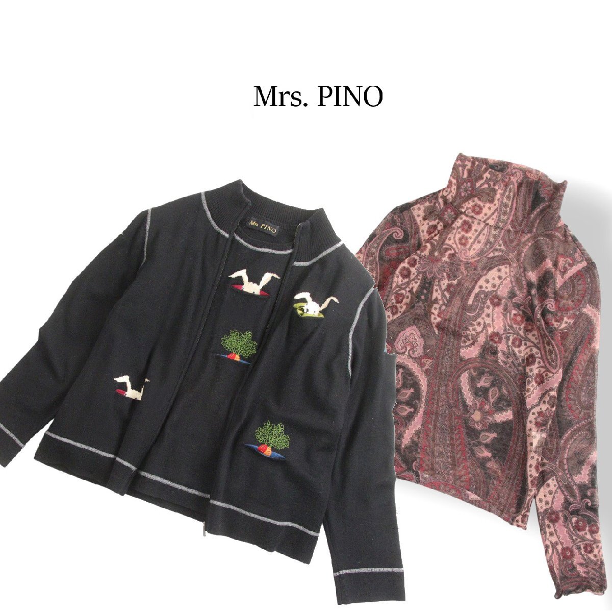 美品 Mrs. PINO ミセスピノ リボン付き ジップアップ アンサンブル カットソー 2点セット 黒 ピンク 白 42【参考価格¥70,000-】拍卖