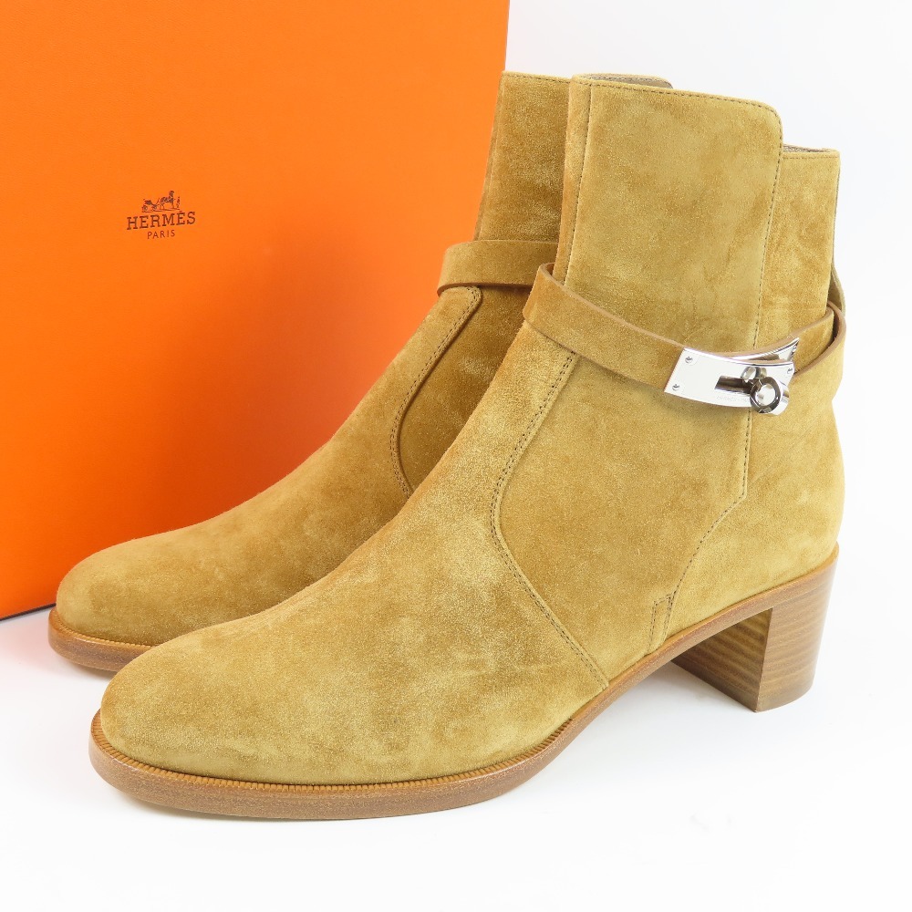 206613★1円スタート★HERMES エルメス 未使用品 フレンチ50 ケリーベルト 靴 スエード ショートブーツ シューズ 37 1/2 24.5cm ブーツ拍卖