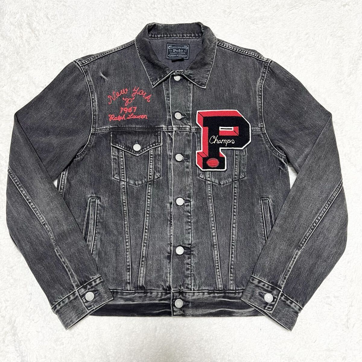ポロラルフローレン ブラックデニム ジャケット Gジャン M 黒色 フットボール ブルドッグ メキシコ製 春秋冬 POLO Ralph Lauren RLVAR SITY拍卖