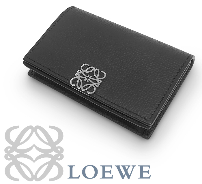 【未使用 超美品】 ロエベ LOEWE アナグラム ホック式 二つ折り名刺入れ カードケース パスケース レザー 本革 ブラック メンズ レディース拍卖