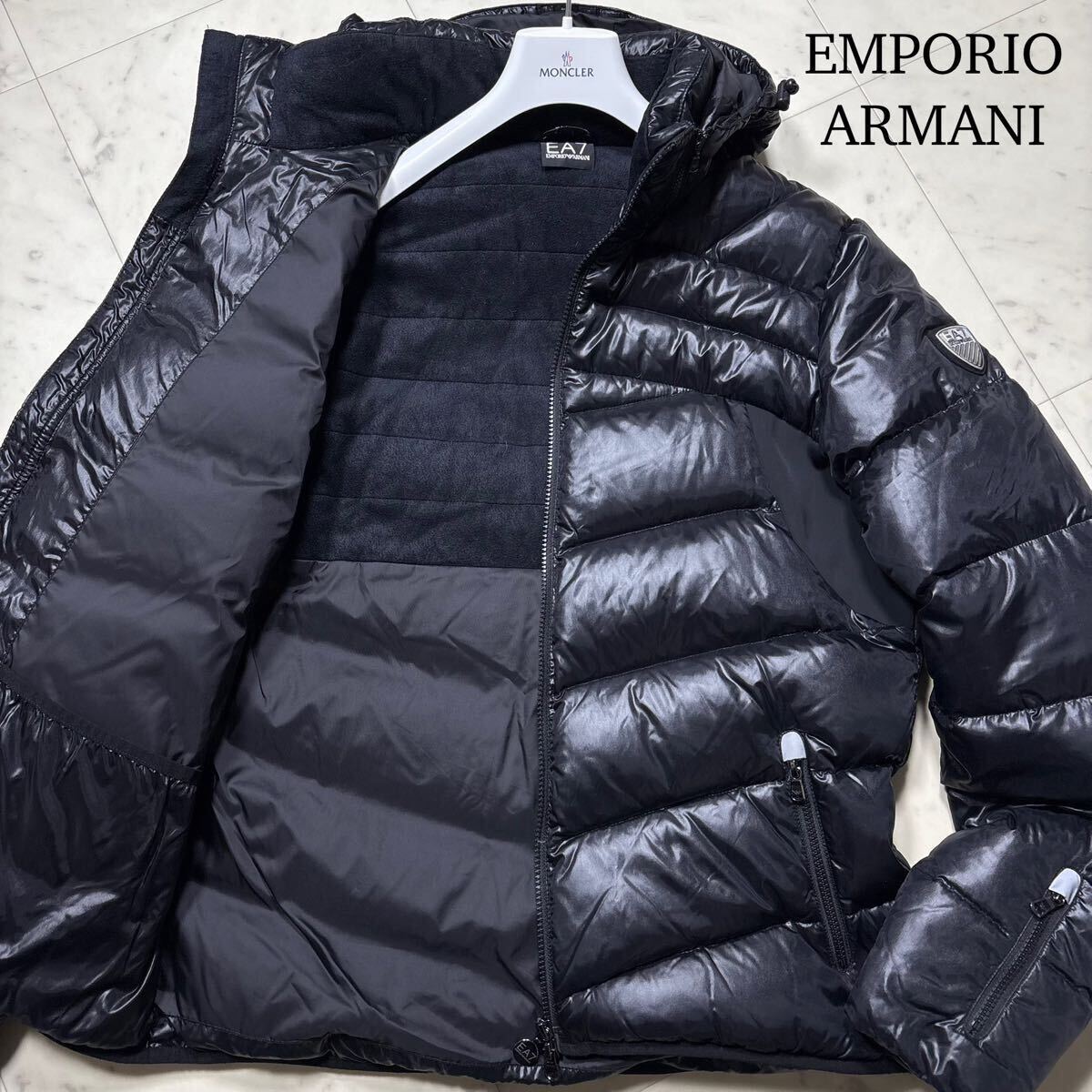 極美品/Lサイズ★ エンポリオ アルマーニ EMPORIO ARMANI エンブレムロゴ ダウンジャケット パーカー ブルゾン アウター ブラック メンズ拍卖