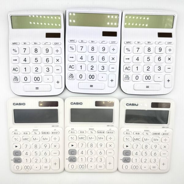 z/z/z/T041-402/【名古屋】卓上電子計算機 6点まとめ CASIO カシオ MW-C20C 4L2322WB SOLAR CELL BATTERY 3点 / 電卓 白 3点拍卖