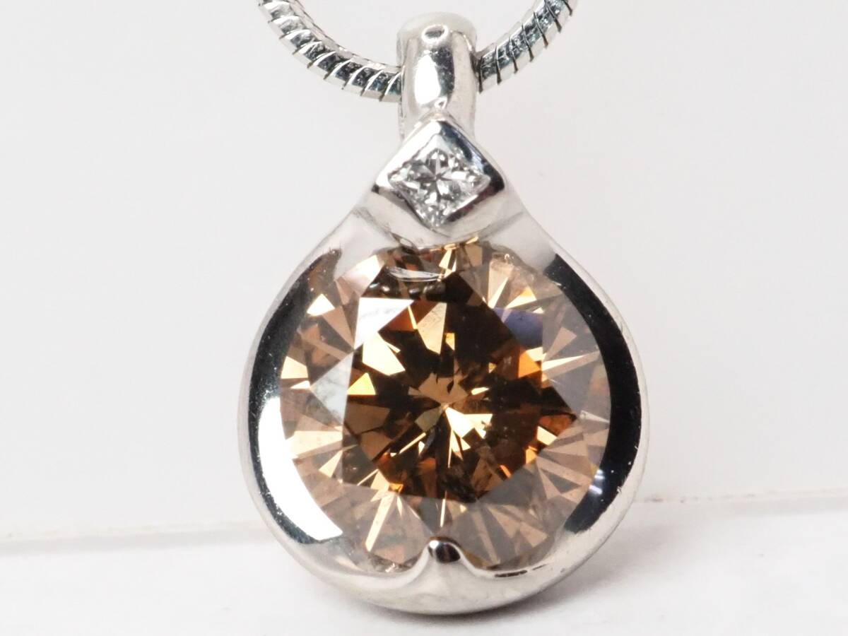 【9330D】鑑定書付 Pt900/Pt850 天然ダイヤモンド FANCY BROWN/SI-2/0.654ct/0.01ct/4.66g ネックレス拍卖