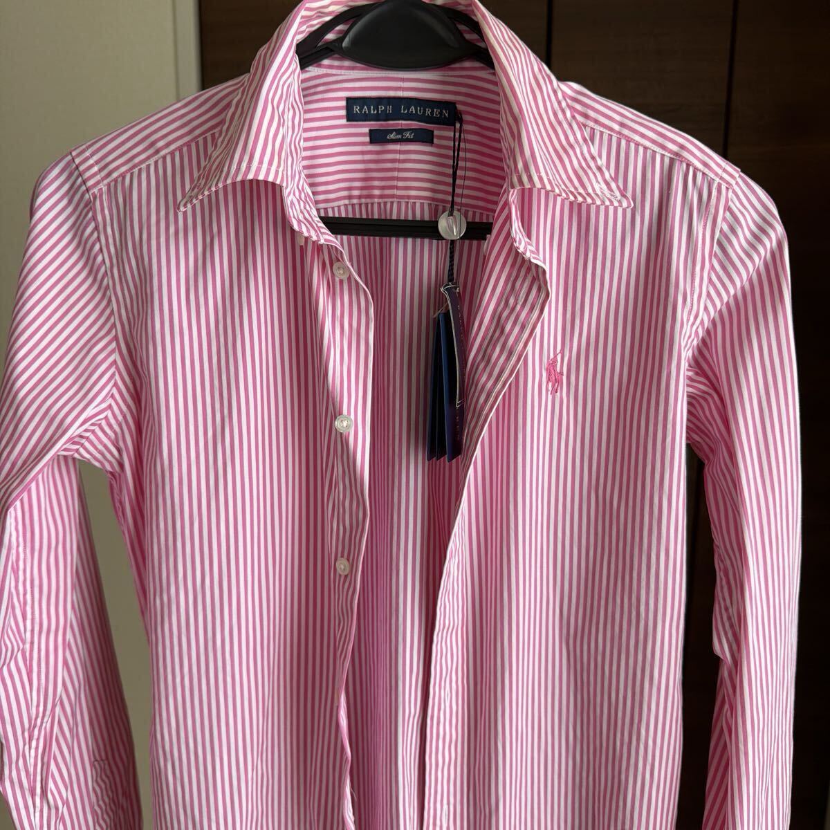 ラルフローレン レディース ストライプシャツ サイズ2(M相当)未使用タグ付 襟・前立て薄黄ばみあり拍卖