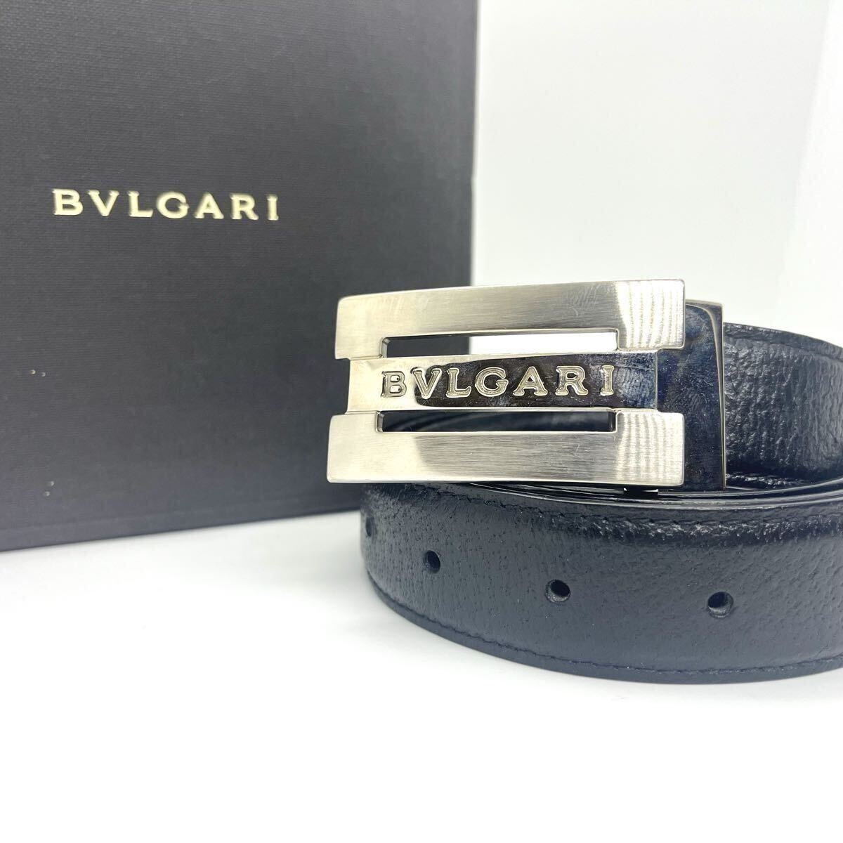 【極美品・最高級】BVLGARI ブルガリ バックル ベルト (103cm) スクエア ビジネス ブラック シルバー 留め具メンズ レディース 通勤 レザー拍卖