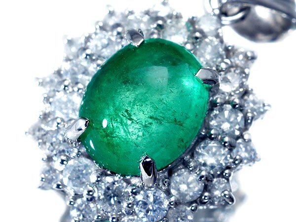 1円~【ジュエリー極】美しいグリーン!カボション上質天然エメラルド1.28ct&ダイヤモンド0.56ct 高級Pt900ヘッド a3347kv【送料無料】拍卖