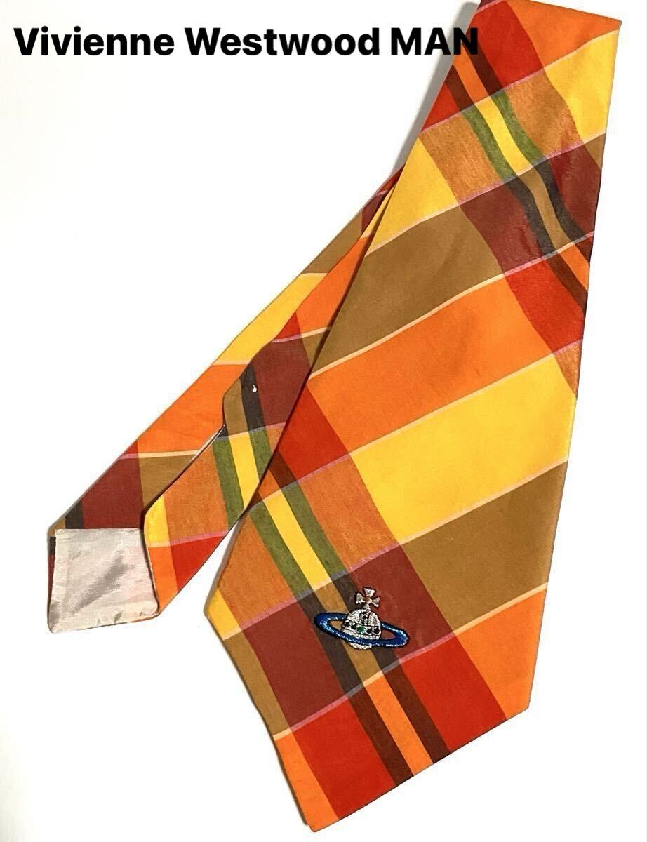 レア Vivienne Westwood MAN ヴィヴィアンウエストウッド マン 大判ネクタイ ネックスカーフ オレンジ系 オーブ チェック 送料185円〜拍卖