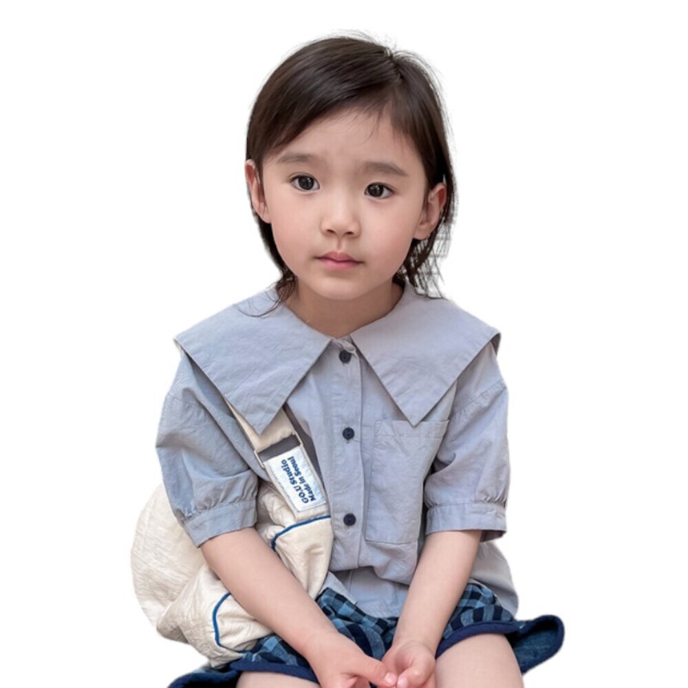 ☆ ライトブルー ☆ 130cm ☆ キッズ半袖シャツ セーラーカラー 半袖ブラウス シャツ キッズ 半袖 ブラウス 綿 半袖シャツ 半袖ブラウス拍卖