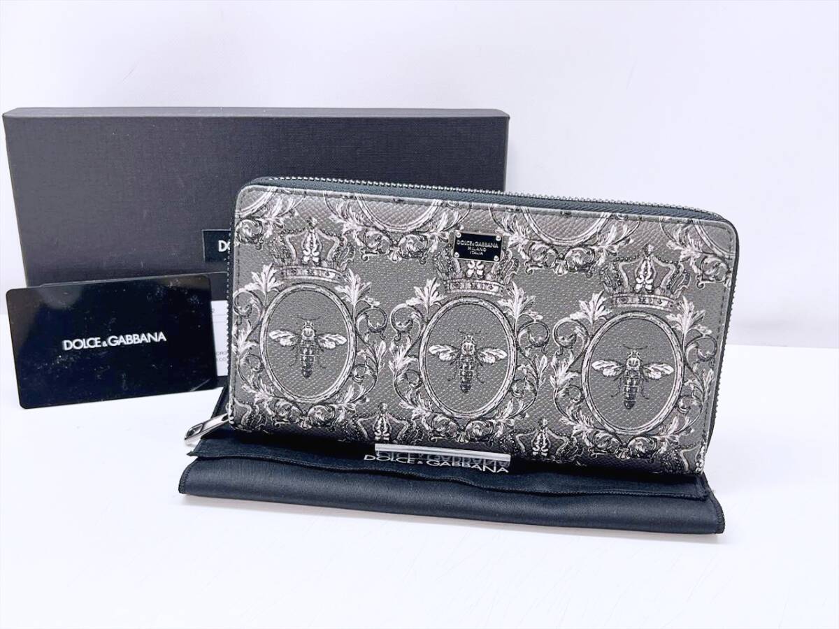 未使用保管 DOLCE&GABBANA ドルチェ&ガッバーナ ロゴプレート ビー 蜂 PVC ラウンド 長財布 グレー 総柄 BP1672拍卖