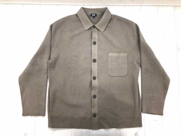 ユニクロ UNIQLO トラッド 襟付き ミラノリブ ニット シャツカーディガン ベージュ L メンズ コットン混合拍卖