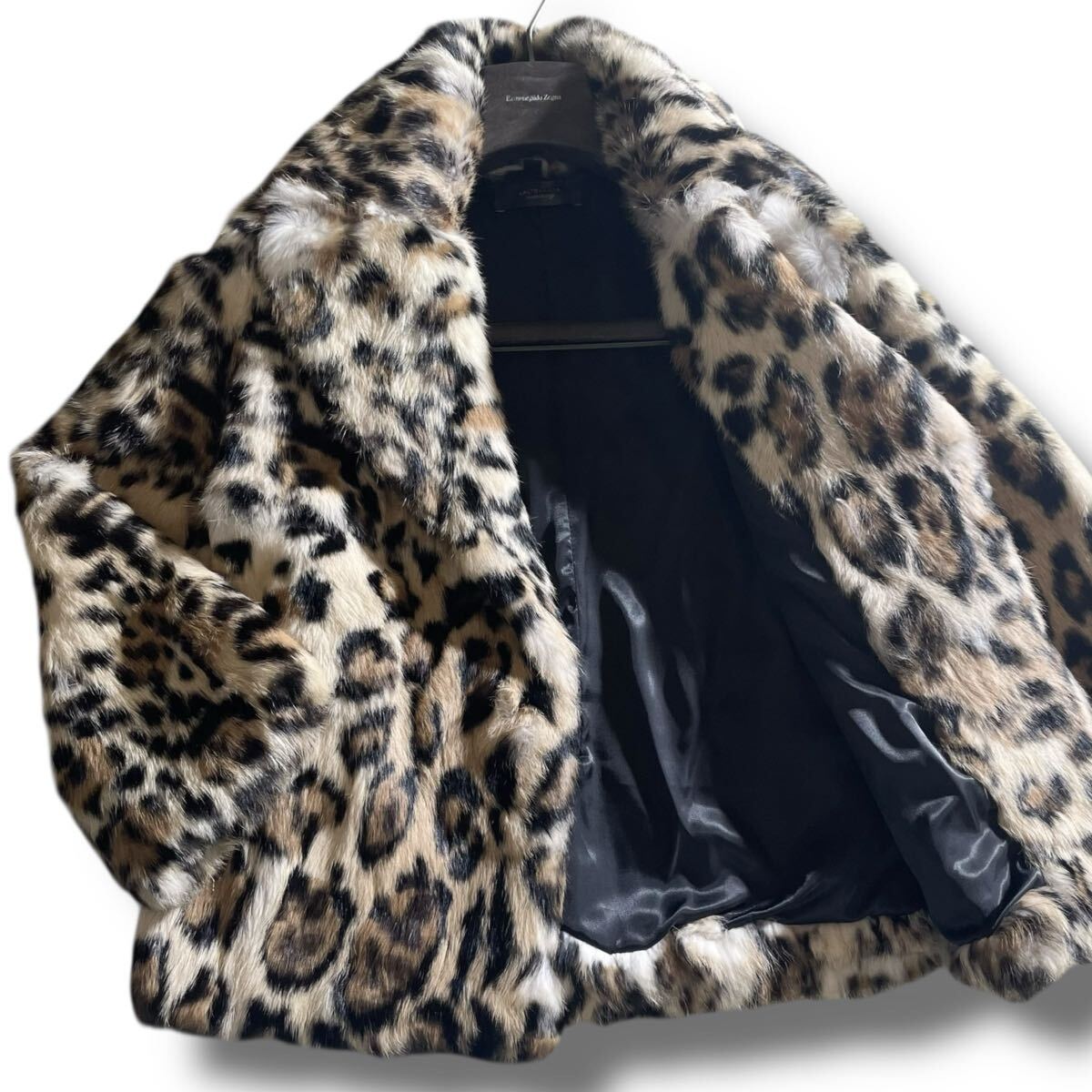 新品 定価17万 ラルトラモーダ【圧巻レオパード柄】LALTRAMODA リアルファーコート ハーフ丈 本毛皮 ラビット ジャケット L イタリア製 1円拍卖
