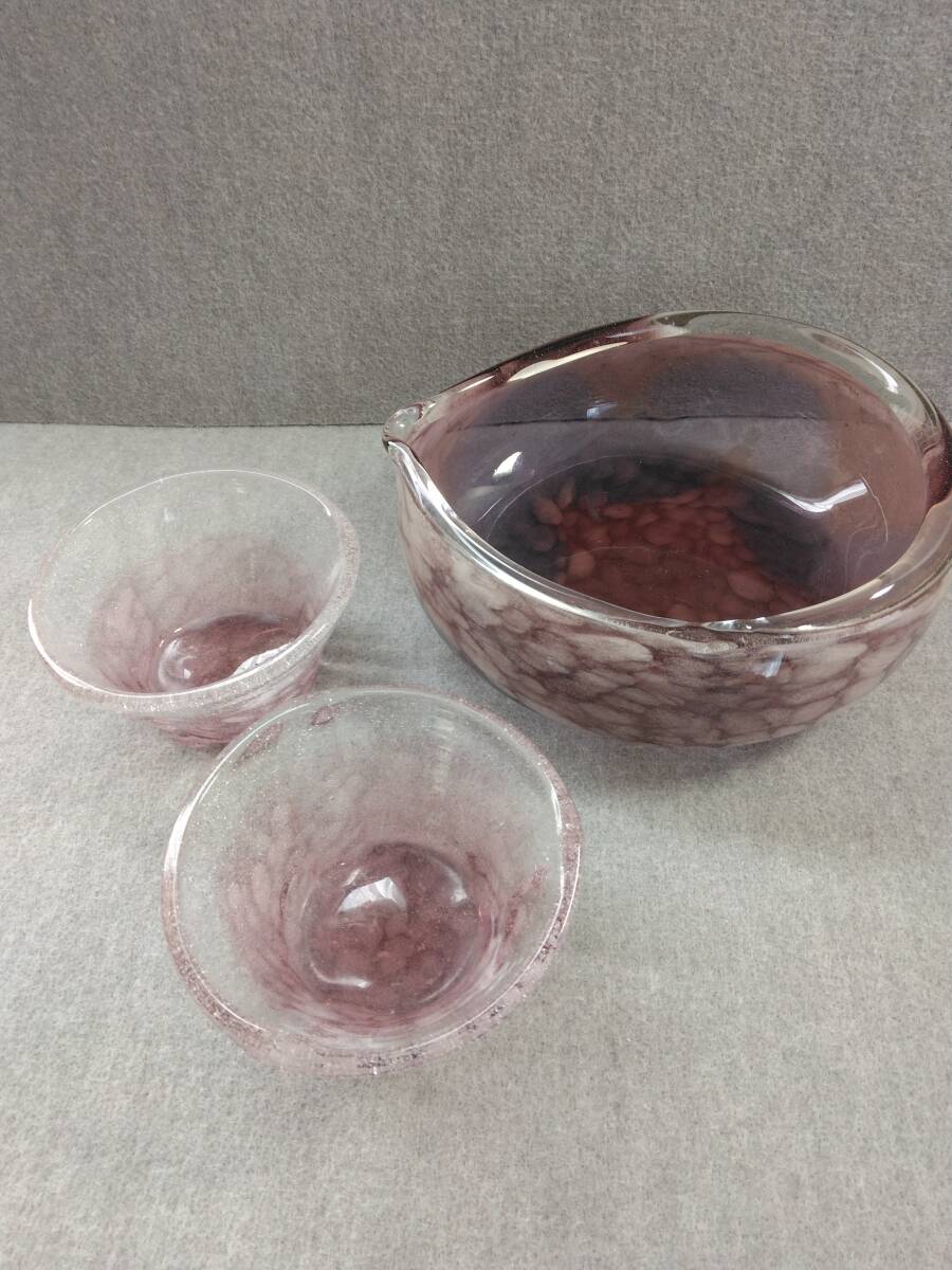 ガラス製 菓子鉢 ガラス鉢 大小3点 片口風ボール サラダ デザート 多用途 紫色拍卖