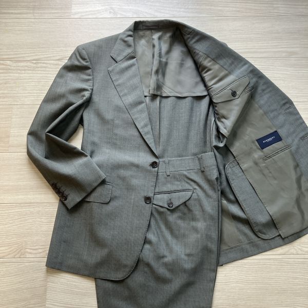 【BURBERRY】 バーバリー ロンドン ウール&リネン AB4(M~L程度) グレー ストライプ スーツ セットアップ 背抜き ウール 2B メンズ拍卖