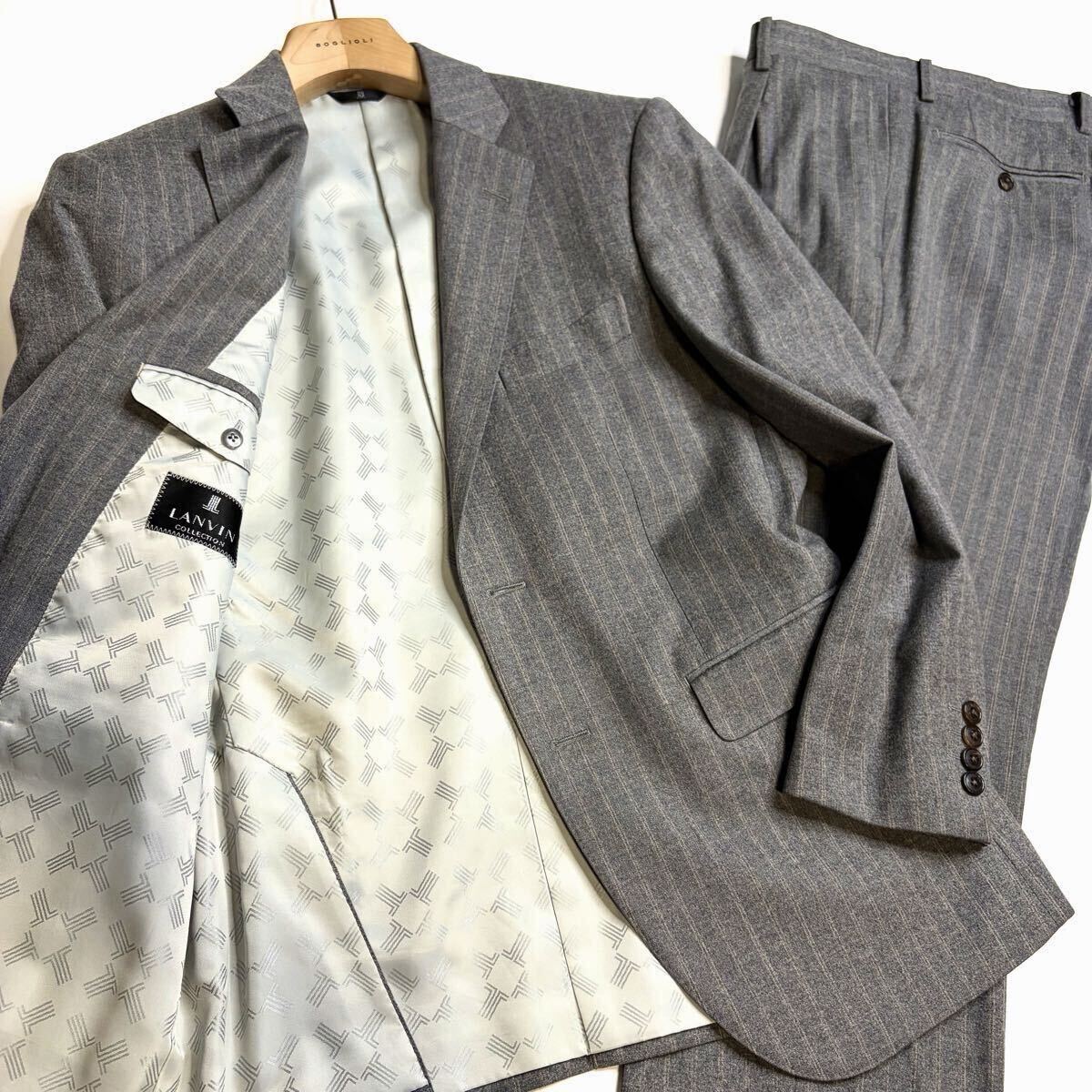 LANVIN Collection ランバンコレクション カシミヤ混 フランネル ストライプ グレー セットアップ スーツ R46 裏地ロゴ総柄 メンズ 刻印釦拍卖