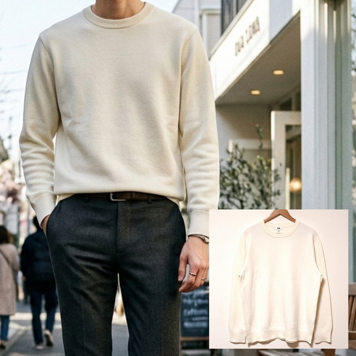 高見えニット【UNIQLO】ユニクロ ウォッシャブル ミラノ リブ クルーネック セーター 464851 無地 長袖 オフホワイト メンズ XL/Y43115QQ拍卖