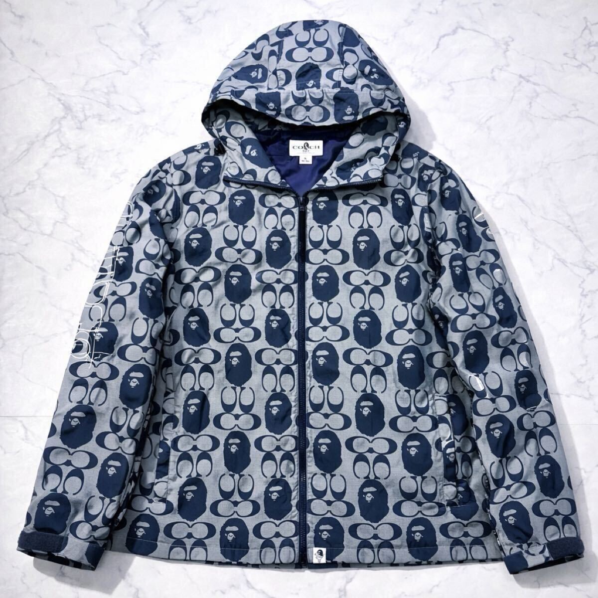 美品 希少XLサイズ COACH × A BATHING APE コーチ エイプ コラボ シグネチャー ウィンドブレーカー ナイロンジャケット 完売品 牛革パッチ拍卖