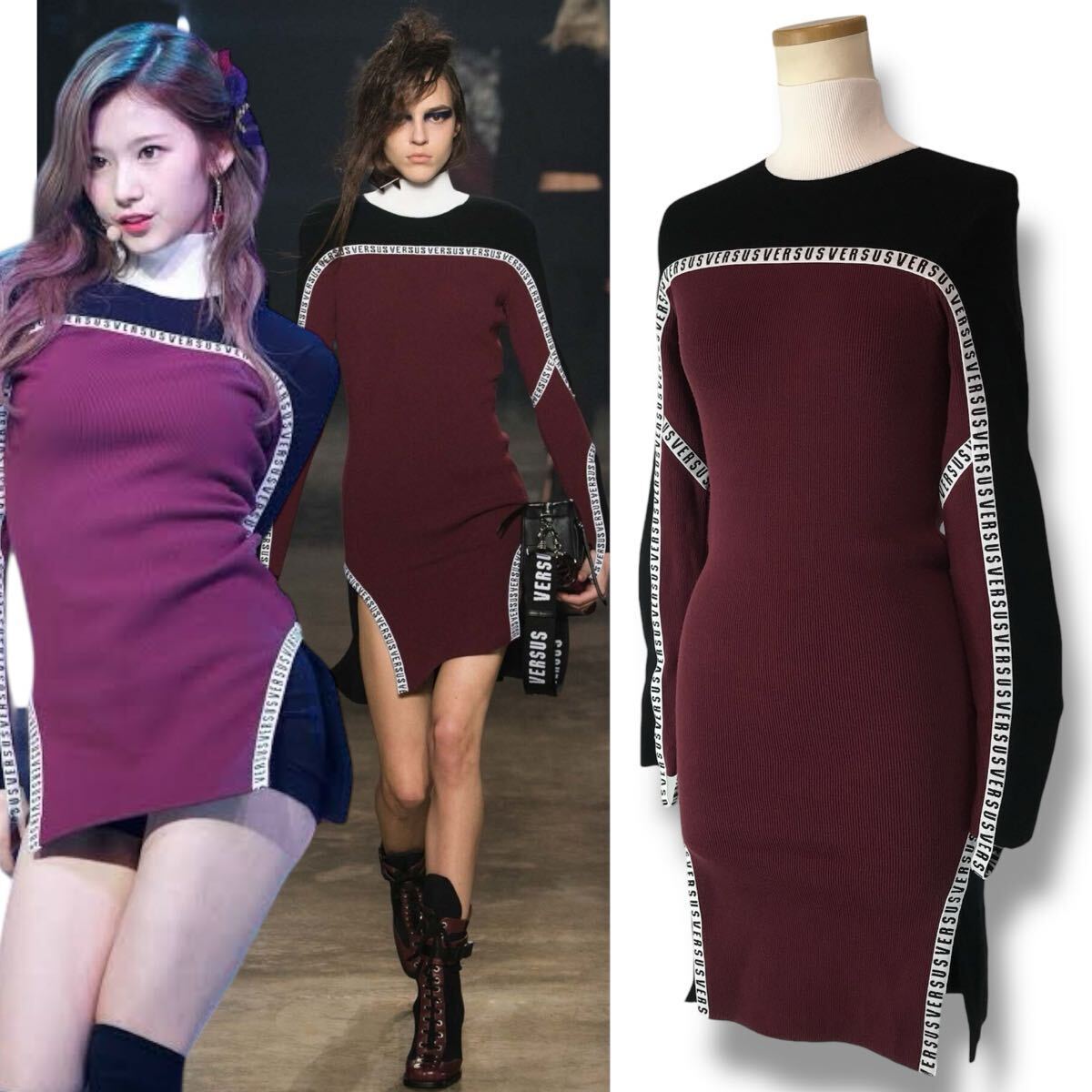 ★正規品 Versus Versace 2017 ヴェルサス ヴェルサーチ ロゴ ニット ワンピース TWICE サナ着用 タイト ミニ ドレス 38 イタリア製拍卖