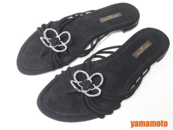 送料無料 LOUIS VUITTON ルイヴィトン サンダル レディース ブラック スエード クリアストーン 37 未使用品拍卖