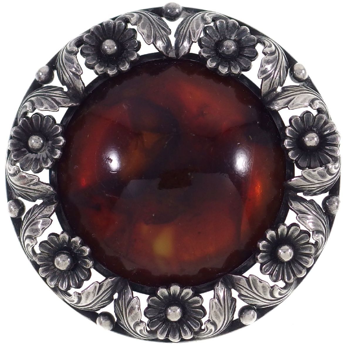 S996◆【N.E. FROM】◆ 大型 アンバー 琥珀 スターリングシルバー * 925 ◆ 北欧Niels Erik フラワーモチーフ◆ ヴィンテージブローチ拍卖