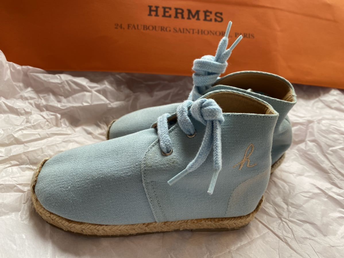 レア新品☆HERMESエルメス刺繍入りキッズハイカットスニーカースペイン製エスパドリーユ本革コットンジュート素材24インチ15cm前後拍卖