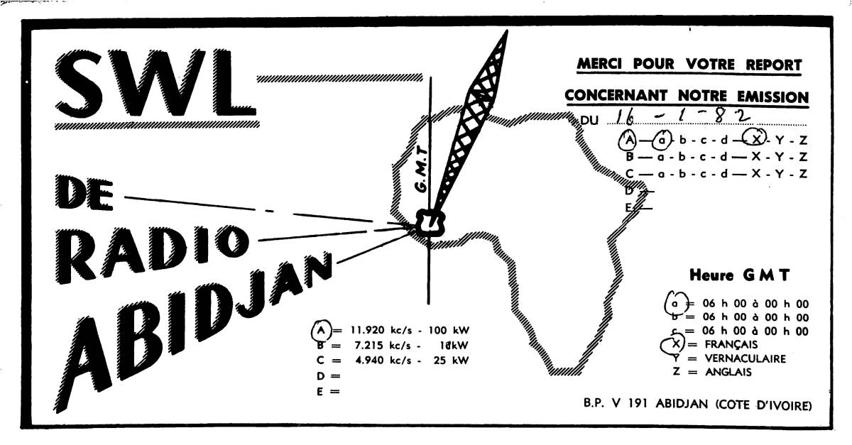 BCL★難局★入手困難★希少ベリカード★ラジオ・アビジャン★RADIO-ABIDJAN★コートジボワール★西アフリカ★1982年拍卖