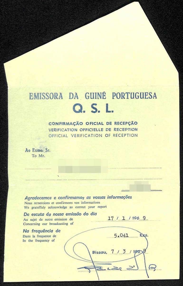 BCL★廃局★入手困難ベリカード★ギニアビサウ放送★Emisora da Guine Portuguesa★アフリカ★ポルトガル領独立前★1969年拍卖