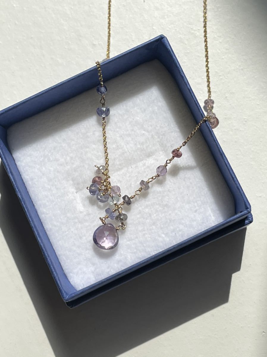 紫陽花ネックレス 天然石 14kgf 春色 パステルカラー アメシスト タンザナイト ラブラドライト 淡水パール拍卖