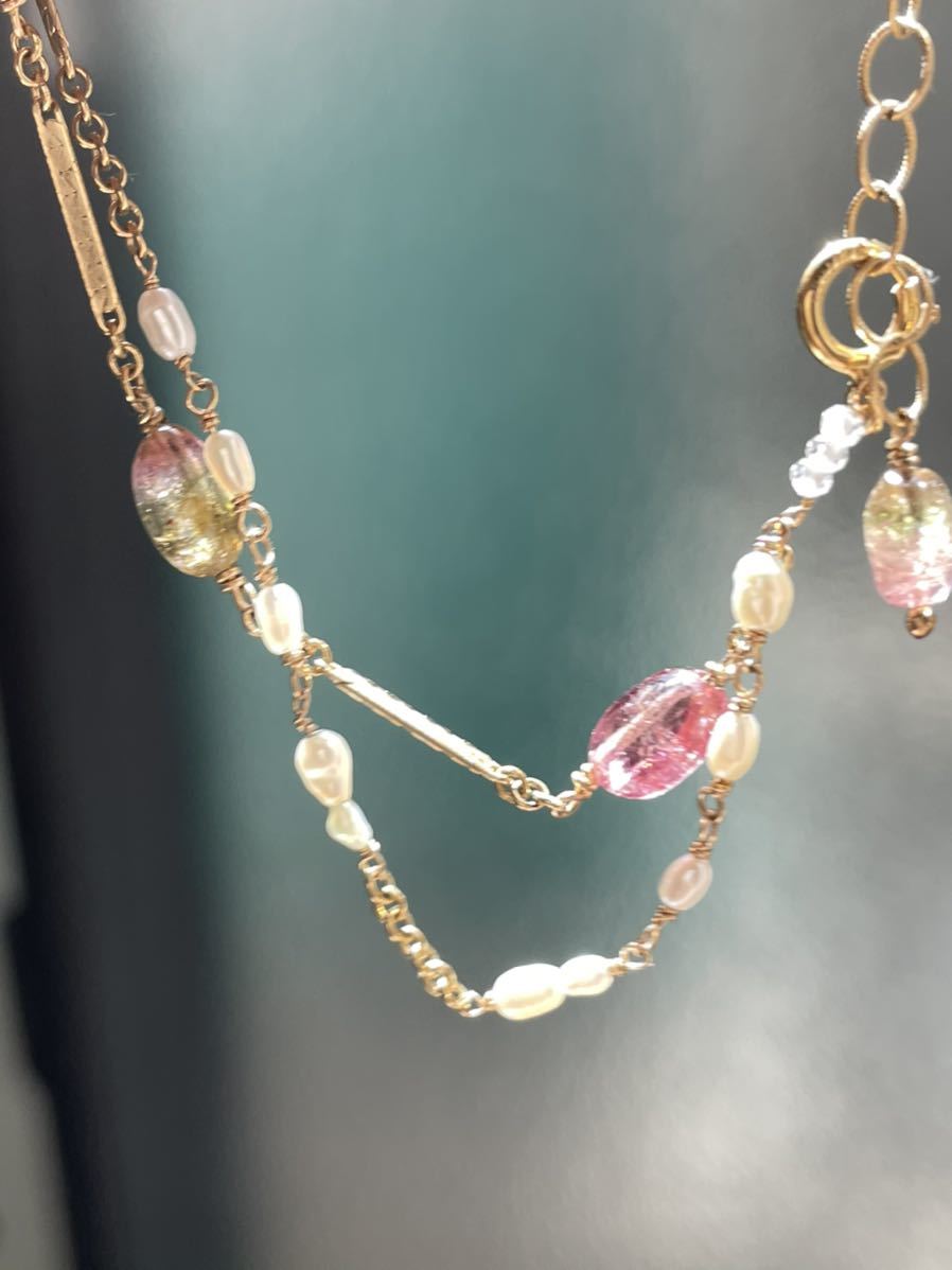 ウォーターメロントルマリン バイカラートルマリン 淡水パール ブレスレット 14kgf 天然石 桜色拍卖