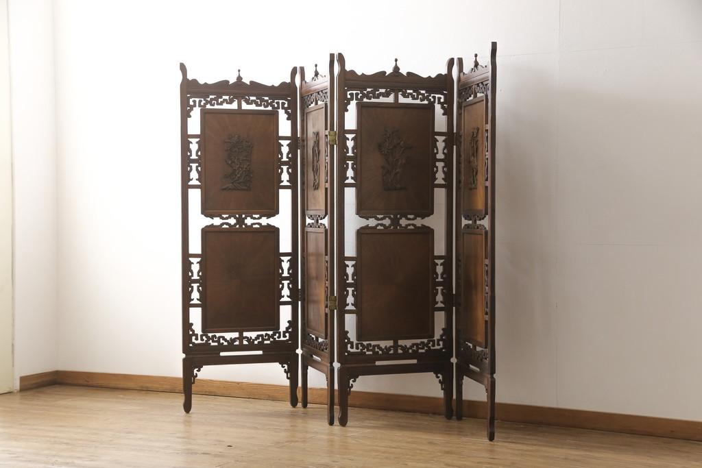 R-054822 ヴィンテージ家具 和製ビンテージ 高級品 象嵌や彫刻の凝ったつくりが魅力的は四連衝立て(パーテーション、仕切り、つい立て)拍卖