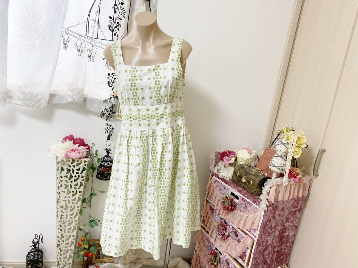 レディス13号-B9サイズ:アミアン【AMIAN amian-house】コットン穴あきデザイン/ワンピース:黄緑 定価:12,000+税拍卖