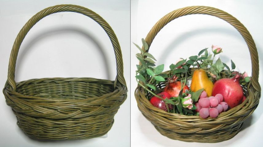 レア 未使用★ラタン バスケット モスグリーン色 オーバル 1本手 フルーツ篭 花カゴ フラワーバスケット 小物入★フラワーアレンジメント拍卖