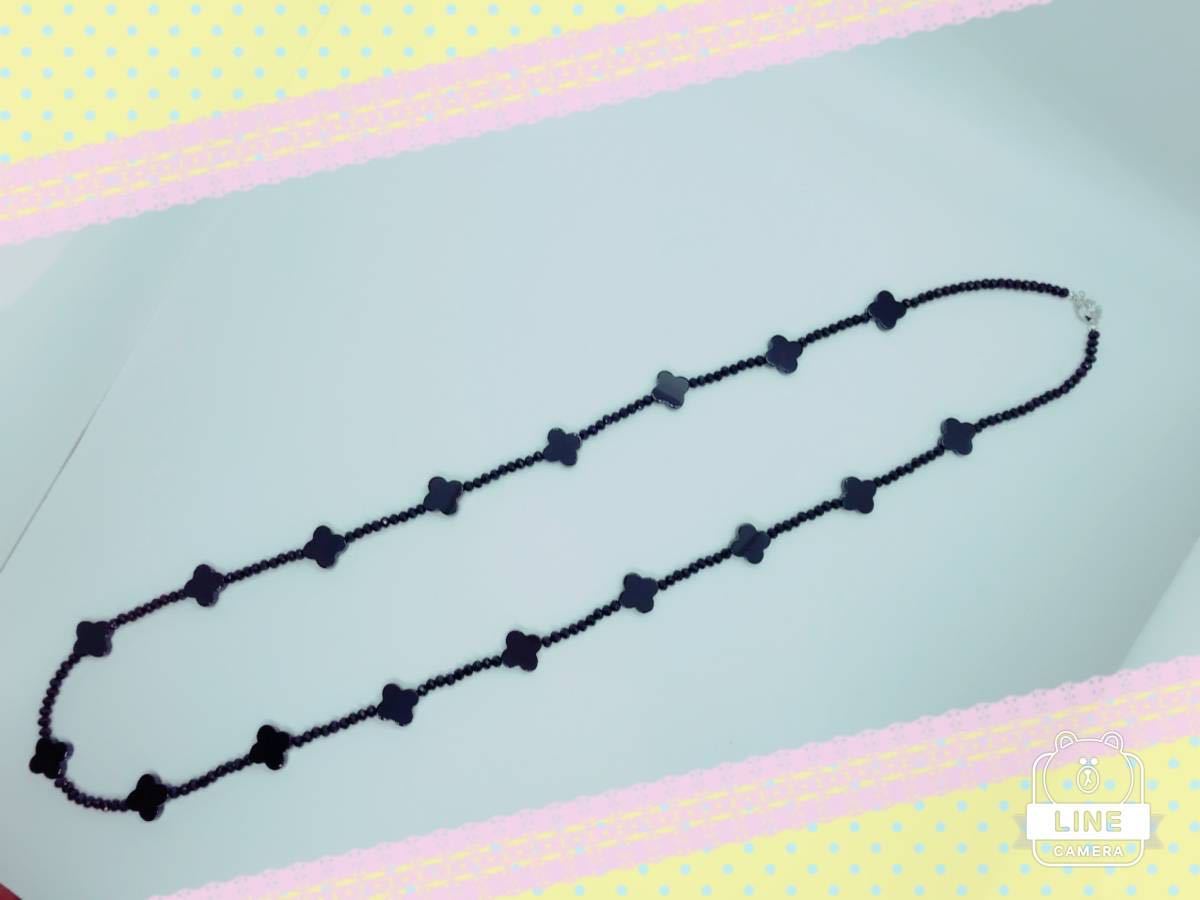 ★オニキスクローバー&ガラスカットビーズ・ロングネックレス★拍卖