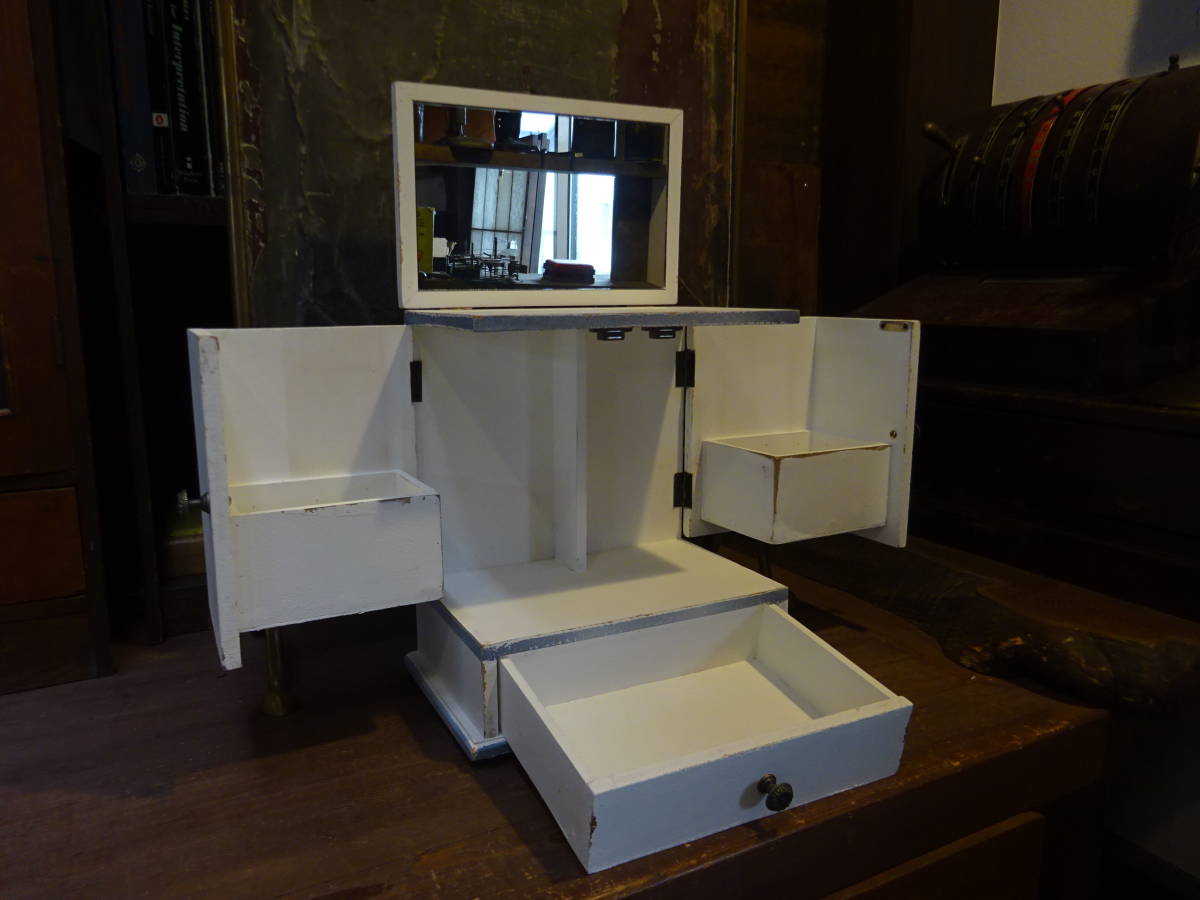 【コンパクトドレッサー】未使用品デッドストック収納式鏡台鏡ミラー観音開き化粧台インテリア寝室古道具アンティーク骨董インダストリアル拍卖