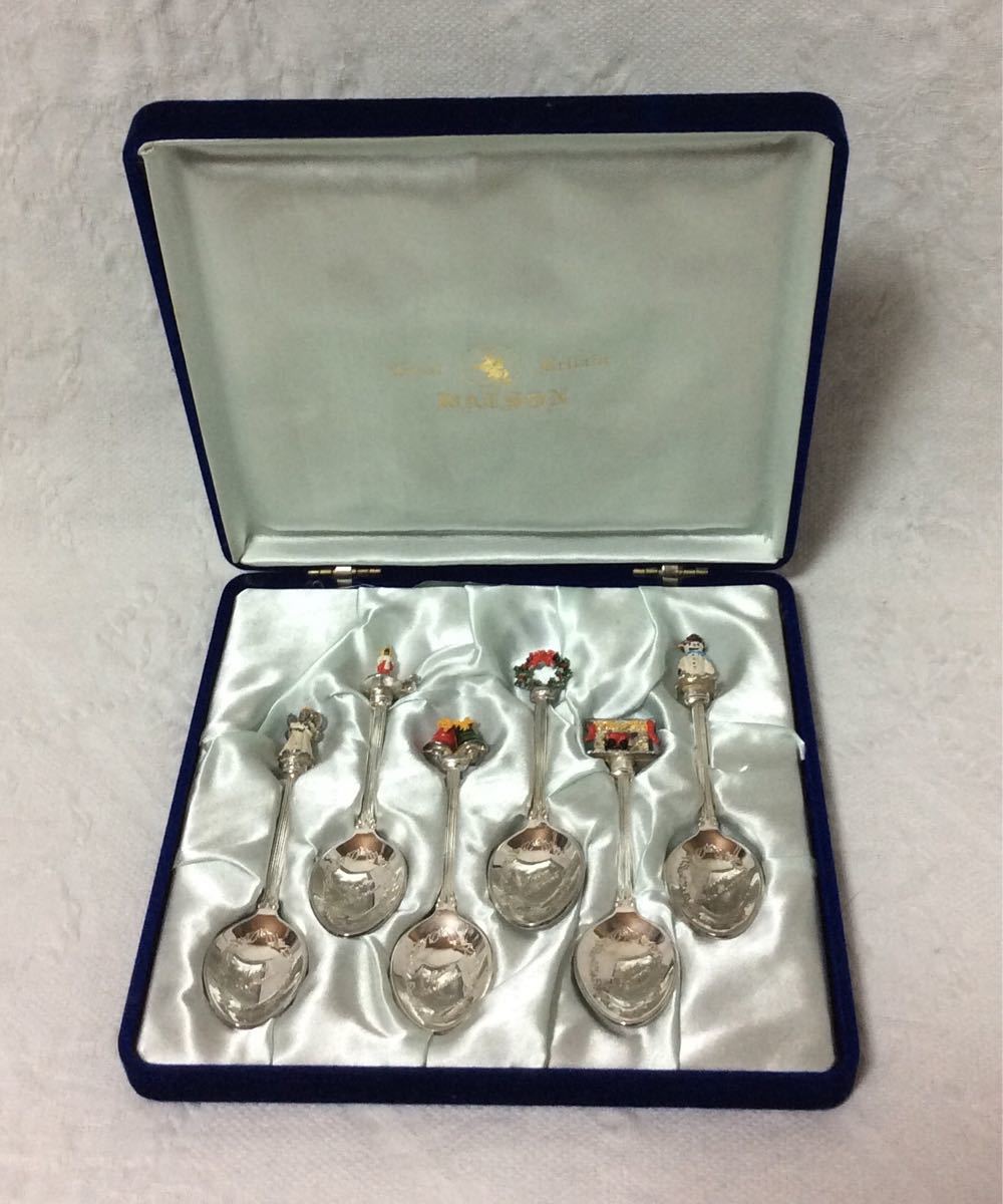 中古イギリス製19世紀ビンテージハンドメイドシルバースプーンWAP WATSONクリスマスバージョン6本箱入り拍卖