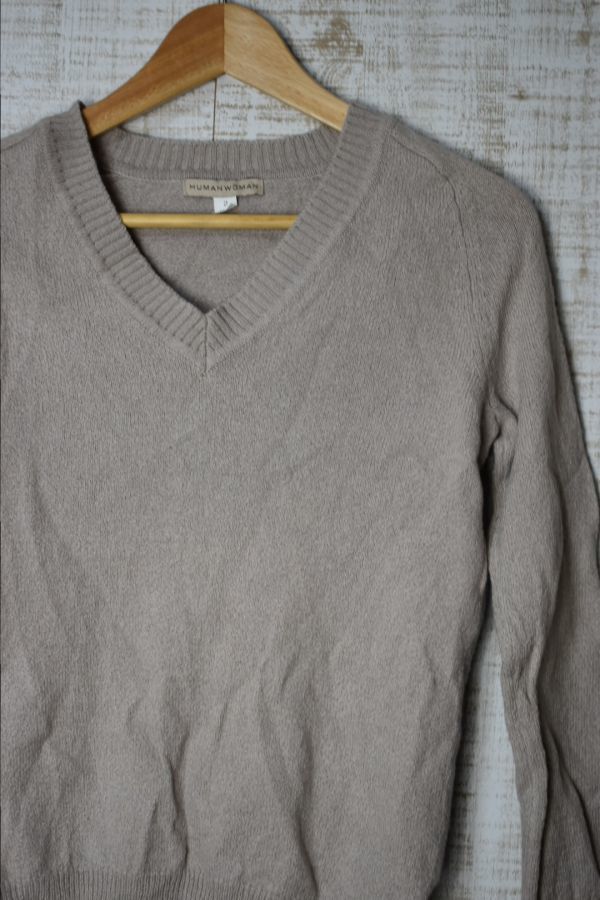 ☆古着 HUMAN WOMAN ニットセーター ハイゲージ Vネック ベージュ レディース【2(Sくらい)】コットン毛 ◆2929◆拍卖
