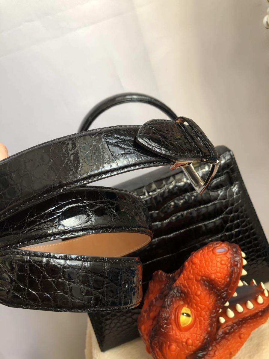 ◆長さ=121cm◆ 完全オーダーメイド クロコダイル 長いベルト 黒 極美 ★ マットな艶消しSV金具 ★全長=121cm拍卖