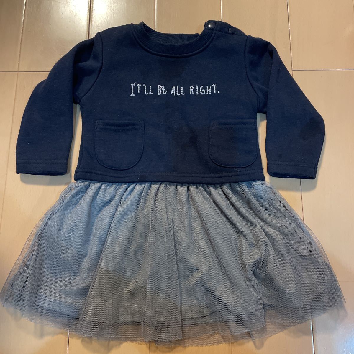 送料込み 中ふわふわ長袖ワンピース 紺色×グレー 80cm 卒園式入学式の付き添いにも 送料無料拍卖