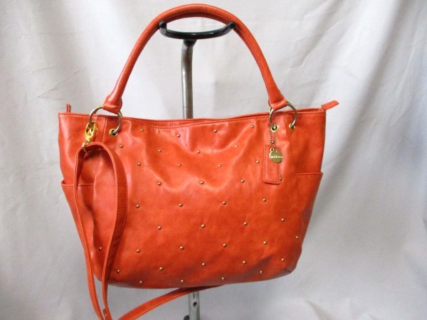 mikoa/ミコア◇2way トートバッグ LOWRYS FARM オレンジ スタッズ付 斜め掛けOK W40cm拍卖