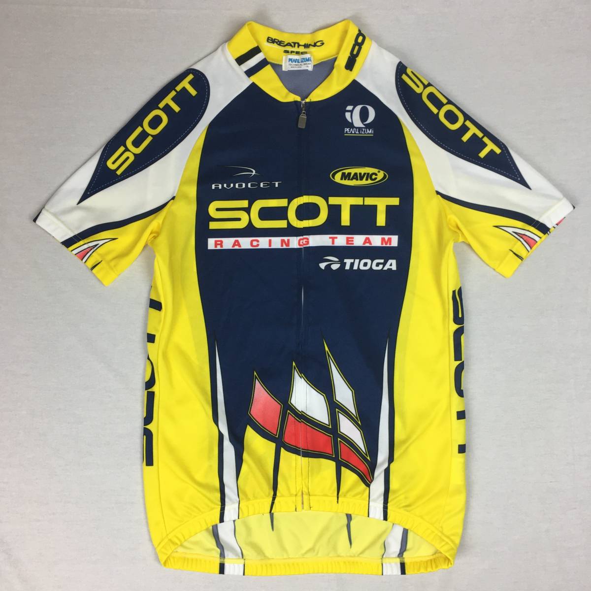【美品】PEARL IZUMI パールイズミ SCOTT RACING TEAM 日本製 サイクルジャージ 紺/黄/白/赤 XLサイズ 半袖拍卖